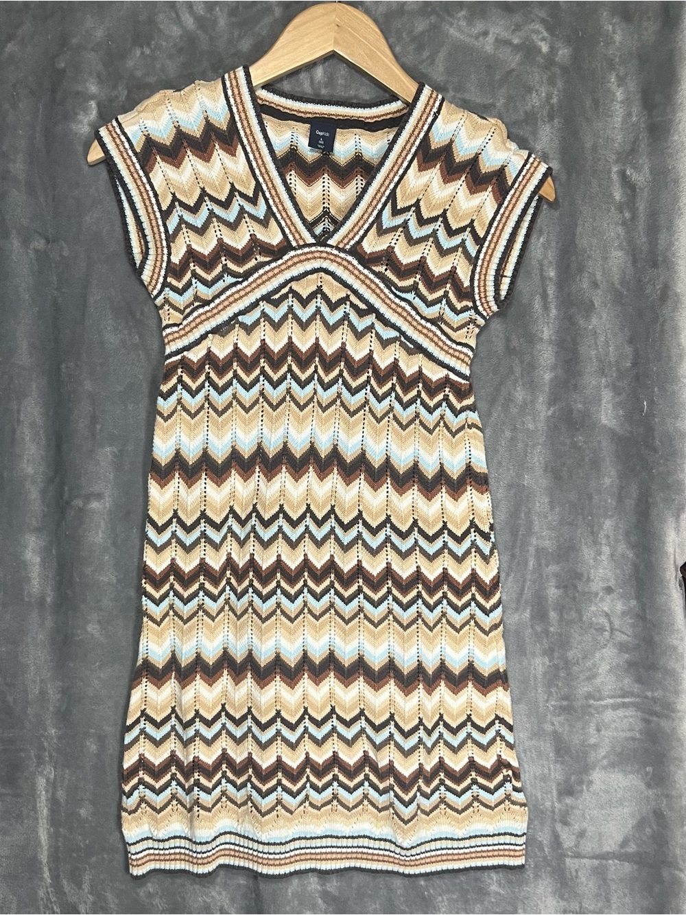 GAP Chevron Knit Midi Dress in Brown, Cream & Light Blue